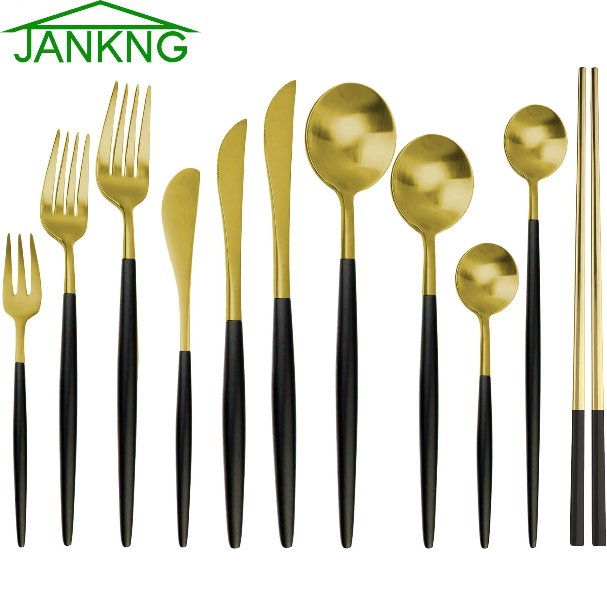 JANKNG 6 Pcs Conjuntos de Louça de Aço Inoxidável de Ouro Preto Garfos Facas Chopsticks Little Spoon para Chá de Café Utensílios de Cozinha Acessório Do Partido