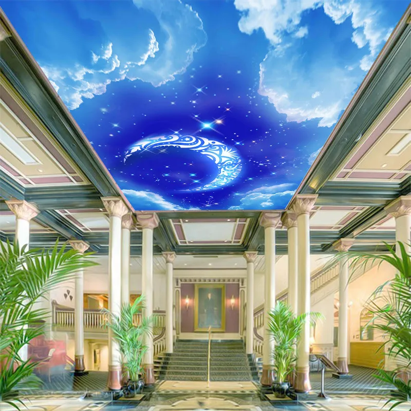 Precio de fábrica, papel tapiz 3D de cielo azul de ensueño con luna y estrellas, mural natural de nube blanca para decorar las paredes del dormitorio superior de la casa