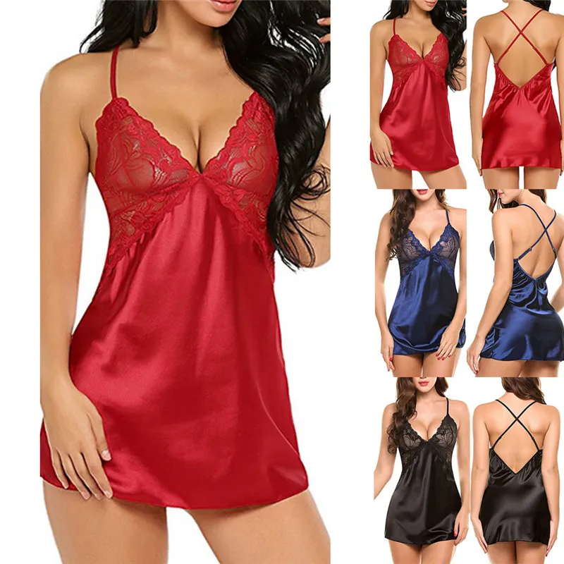 Indumenti da notte senza schienale in raso corto da donna Lingerie sexy da donna Abito da notte Babydoll Camicia da notte Camicia da notte Camicie da notte Homewear Taglia dalla S alla 2XL