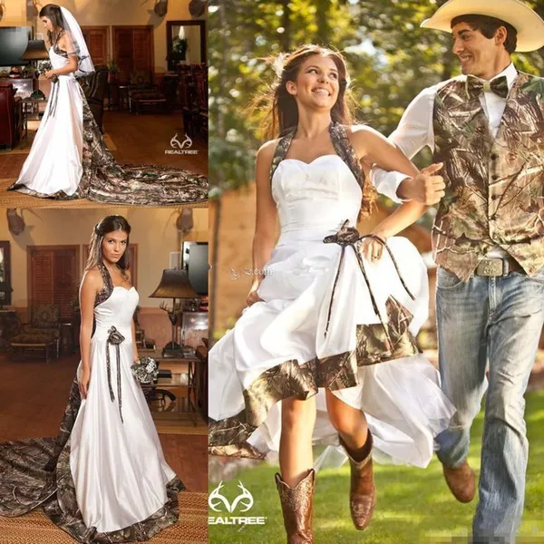 Elegant Camo Halter Taffeta Camo Wedding Dress With Court Train