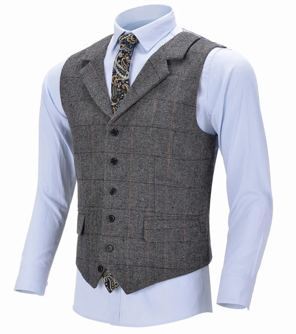 Hommes affaires gilet Boutique laine Plaid coupe ajustée chevrons gris coton costume gilet gilet pour mariage formel garçons d'honneur