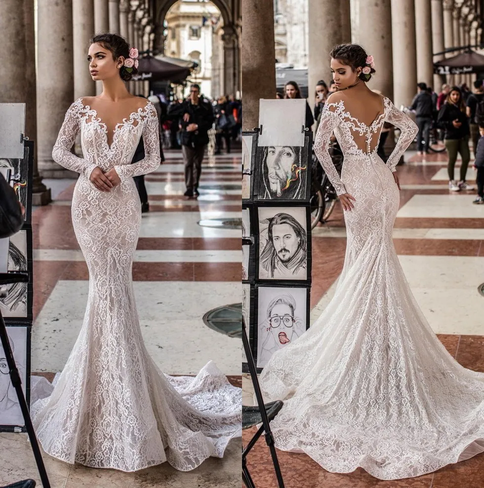 Nowe iluzja długie rękawy koronkowe sukienki ślubne syrenki Sheer siathet Top Open Back Bridal Wedding Suknie dla panny młodej de Mariee