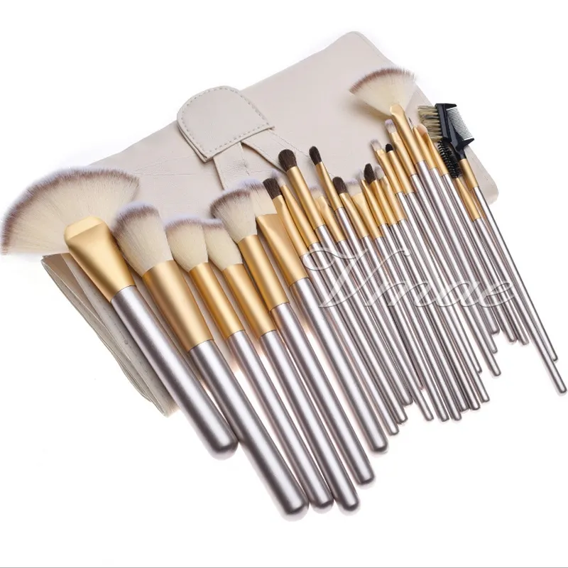 12PCS 18PCS 24PCS Aaluminum 튜브 베이지 색 목재 메이크업 브러쉬 세트 가죽 가방 아이 섀도우 재단 파우더 아이 라이너 속눈썹 립 도구 메이크업