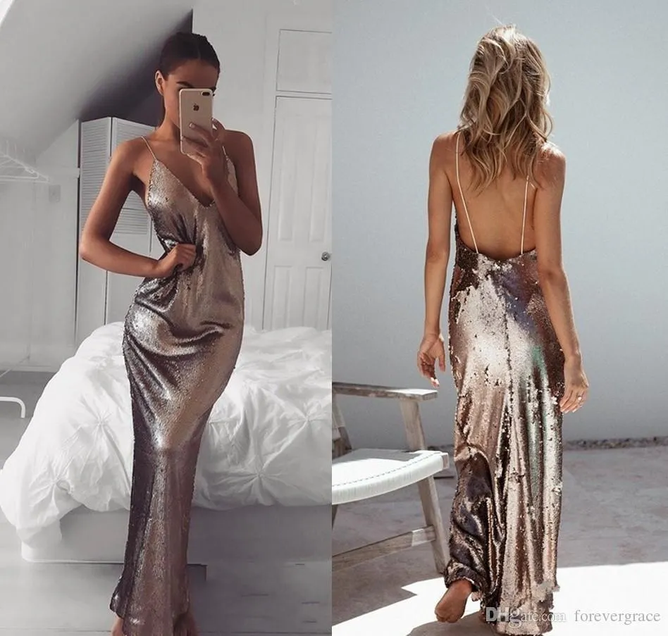 2019 Cheap Backless Sequined Evening Dress Spaghetti Straps Arabic Dubai Celebrity Formal Holiday Wear Prom Party Gown Custom Made Plus Siz