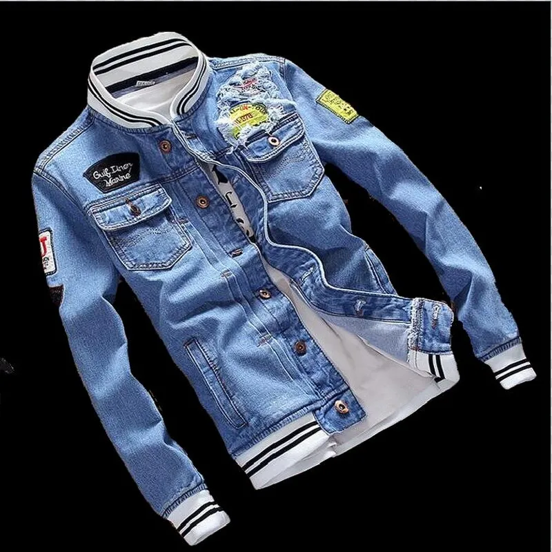 Men Badge Patch Denim Jacket Men Autumn Cool Trendy Mens Jean Casual Coat Outwear Stand Collar Motorcycle Cowboy Jackets