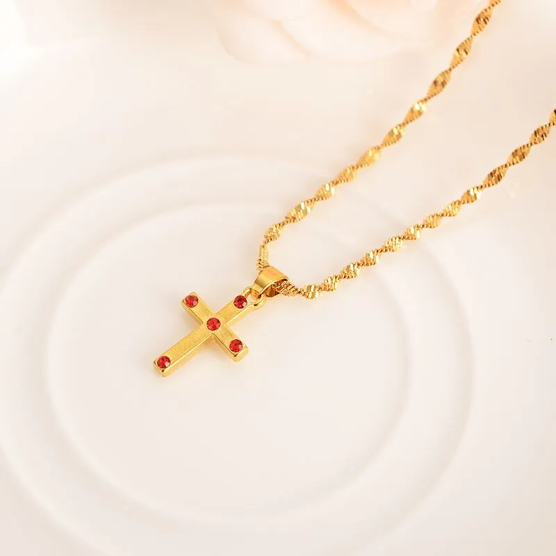 Nuovi set di gioielli africani in oro massiccio con cristalli CZ Croce redzircon Collana con ciondolo Catena da donna per bambini Gioielli per feste per bambini