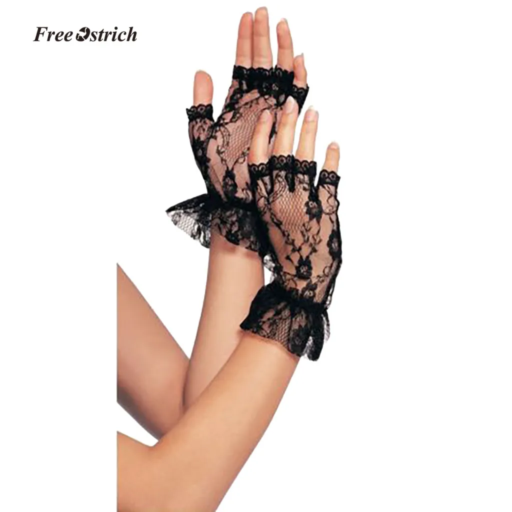 Gants doux en autruche pour femmes, courts, noirs, en dentelle, sans doigts, filet, robe fantaisie gothique, collants de mariage, 20191279I