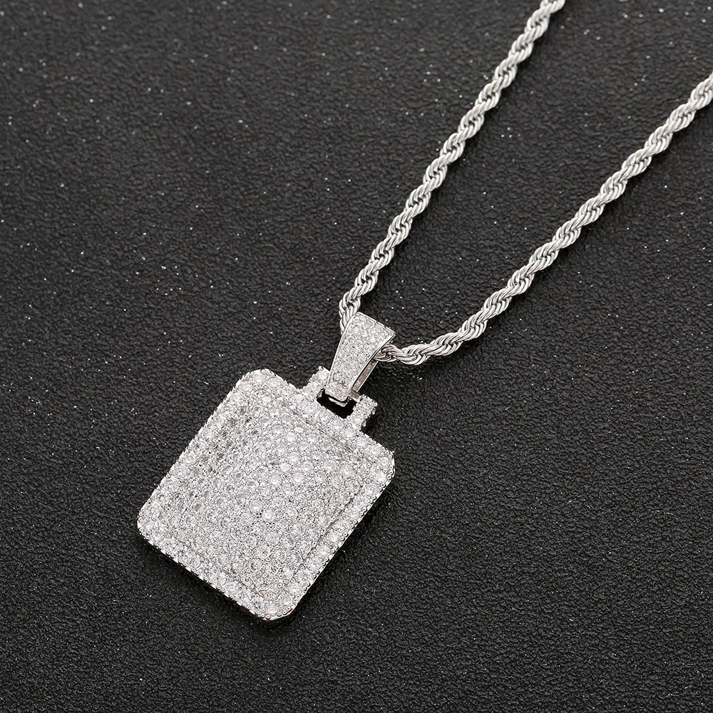 Men Iced Out Dog Tag Pendant Necklace With Free Rope Chain Cubic Zircon Charms Hip Hop Jewelry