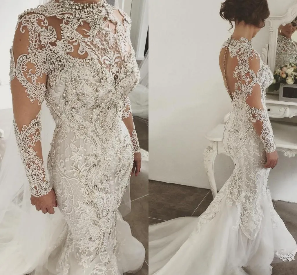 2019 Abiti da sposa a sirena con maniche lunghe in pizzo pieno di lusso Abiti da sposa a sirena con collo alto Applique in cristallo Abiti da sposa arabi sauditi Corte dei treni