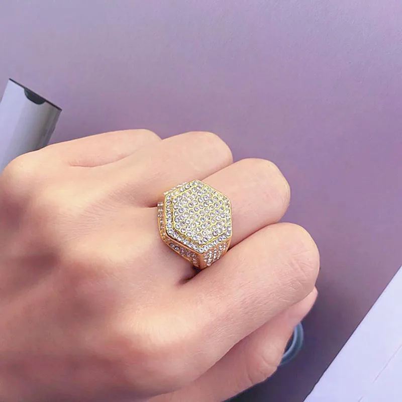 Оптово-Trendy Hip Hop Ring Micro-инкрустированных камни Кольцо Золото Серебро Цвет Шестигранного Shape Rock Кольцо для мужчин Ювелирных изделий