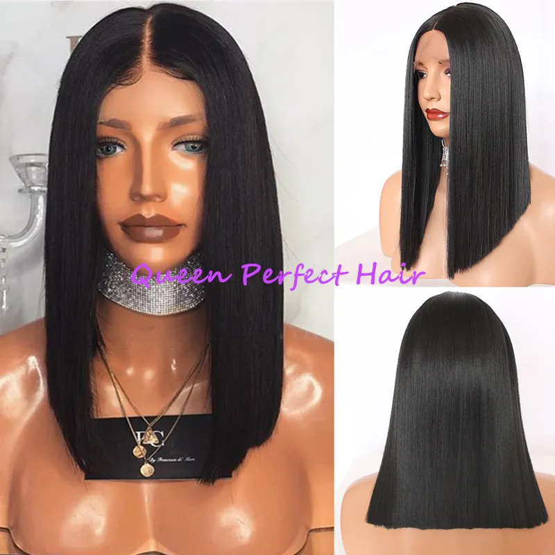 Noir Court Bob Perruques Cheveux Raides Soyeux Synthétique Avant de Lacet Perruque Fibre Résistant À La Chaleur Perruque De Cheveux Humains Cheveux Synthétiques Pour La Mode Femmes Noires