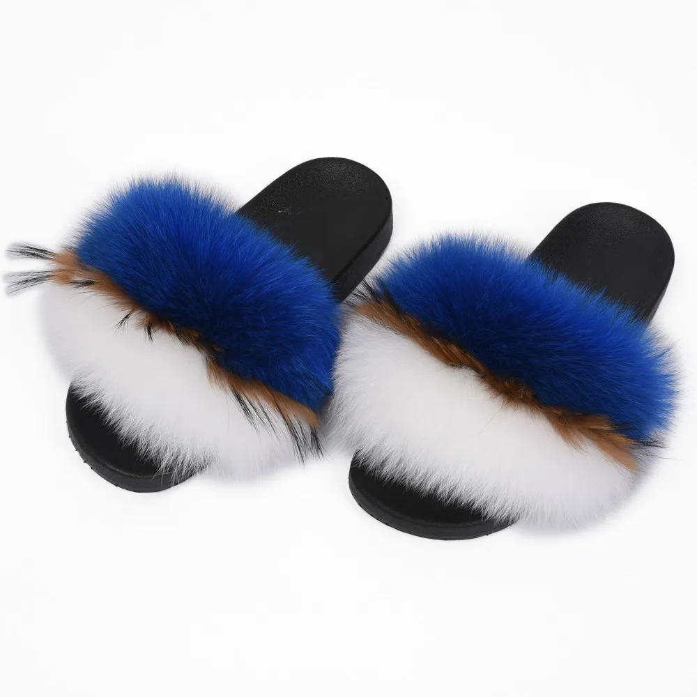 Real Fox Fur Slides Mix Colors Furry Sliders Women Ladies Fur Slippers Top Quality Retail/Wholesale DMD