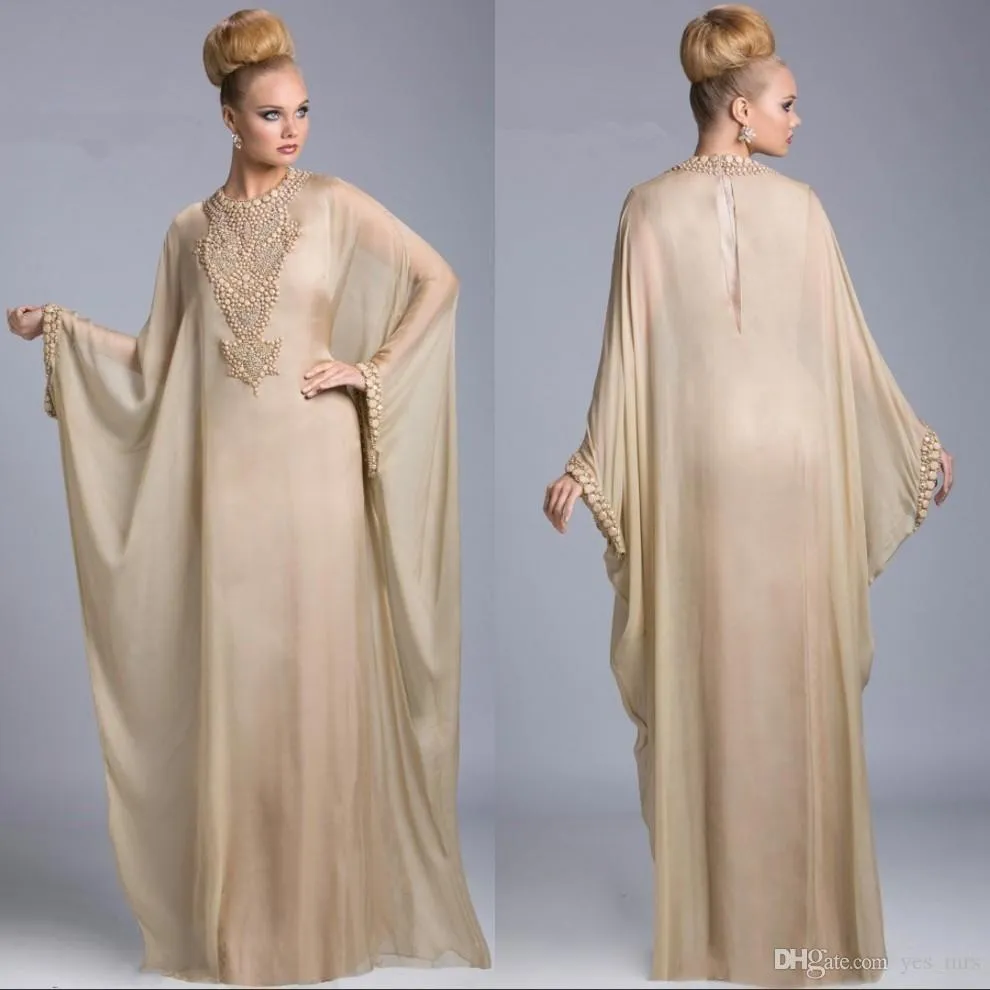 2020 Cheap Champagne Abaya Dubai Islâmica Kaftan Chiffon Cristal Árabe Vestidos de Noite Longa Mangas Frisadas Prom Vestido Vestidos Personalizados