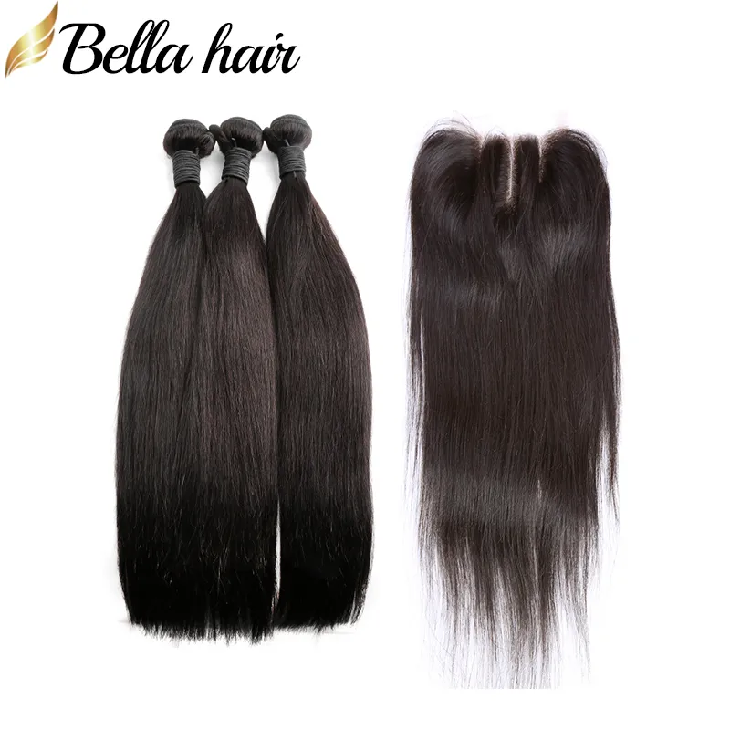 Straight Peruvian Virgin Hair Bundles with Closure 3 Part 4x4 Lace Closures Unprocessed Human Hair Weft Extensions Bellahair