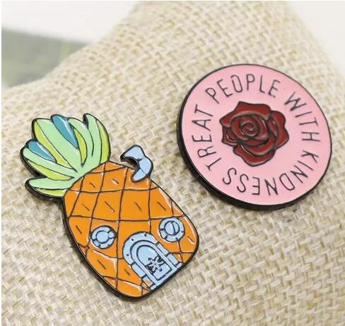 Pineapple Ananas Brooches - TREAT PEOPLE WITH KINDNESS Flower Brooch Cartoon Enamel Lapel Pin badge For Women Girl Boy Kids SHU42