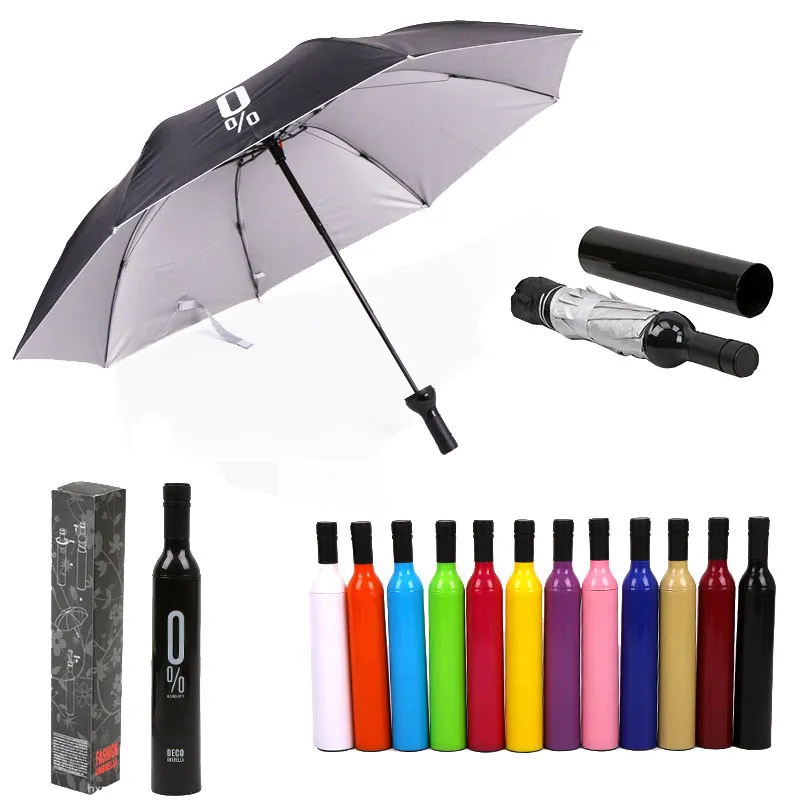 Creatieve wijnfles paraplu draagbare 3 vouwen Sun Rain Parasol in plastic Case Anti-UV Beach Promotie Business Gift 12 kleuren