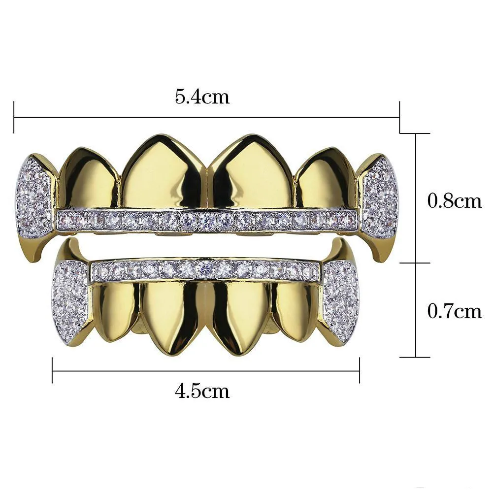 18K Real Gold Teeth Grillz Caps Iced Out Top Bottom Vampire Fangs Dental Grill Set Wholesale