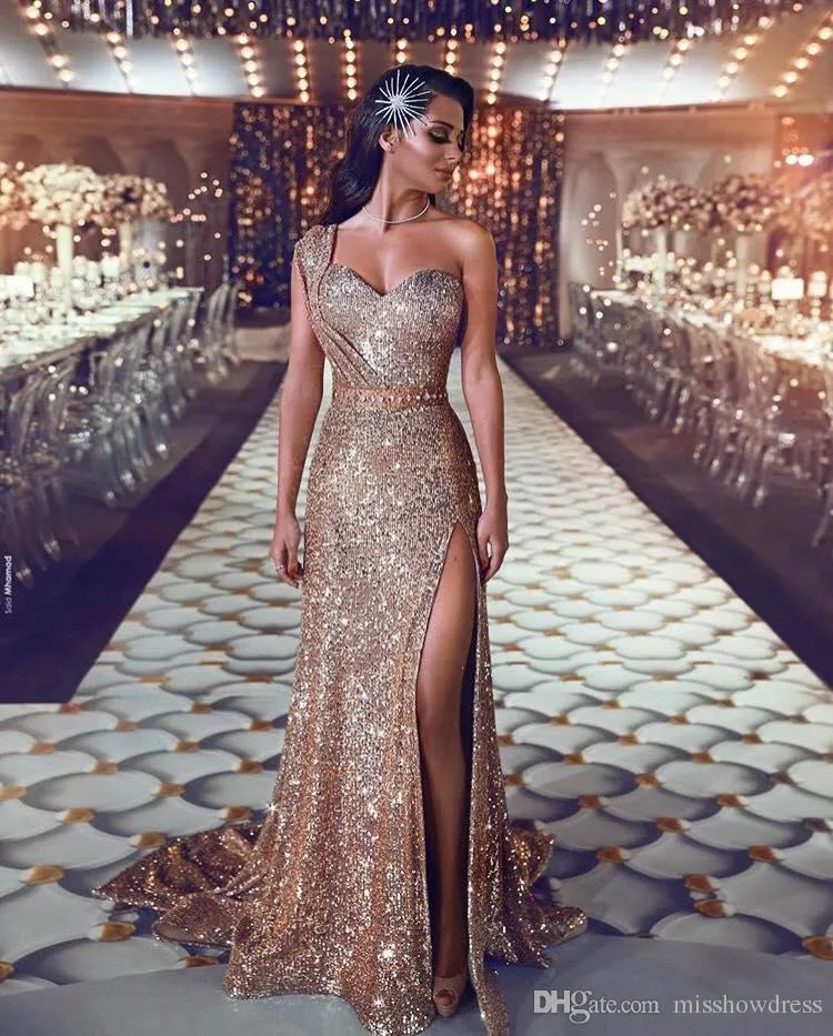 2020 One Shoulder Sequins Mermaid Evening Dresses Ruched Split Beaded Waistband Party Gowns Sweep Train Plus Size Prom Dresses