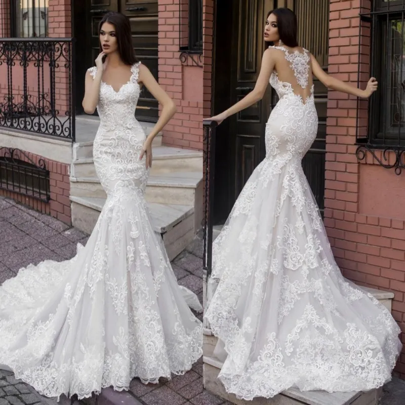 멋진 인어 레이스 웨딩 드레스 스파게티 스트랩 목 Appliqued 등이없는 신부 가운 스윕 기차 트럼펫 Vestido 드 노비