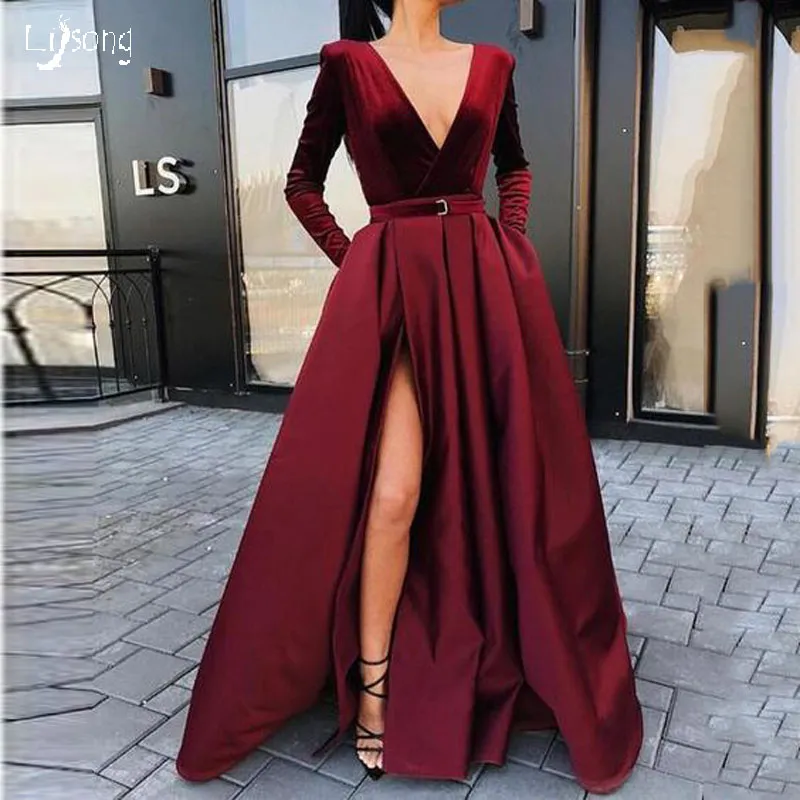 Elegant Burgundy Velvet Satin Long Sleeve Prom Dress with Leg Split and  High Waist Maxi Gown for Women, Perfect for Winter Autumn Events,  Parties,