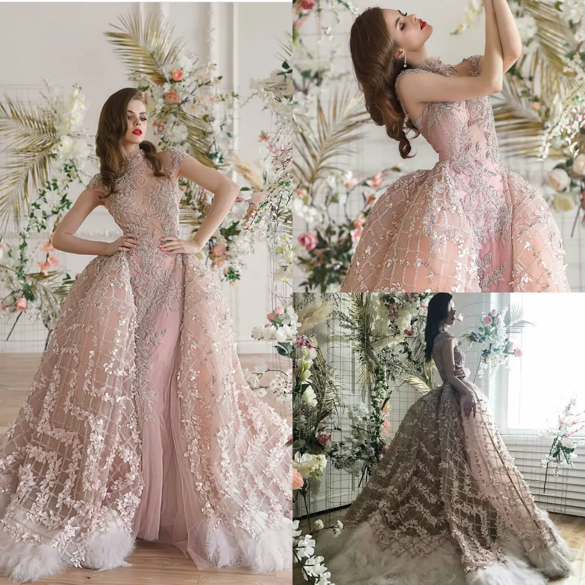 2020 Luxo Rosa Vestidos de Noite Com Superiores Destacáveis ​​Alto Pescoço Rendas Sereia Prom Vestido de Penas Frisado Plus Size Vestidos de Festa Formal