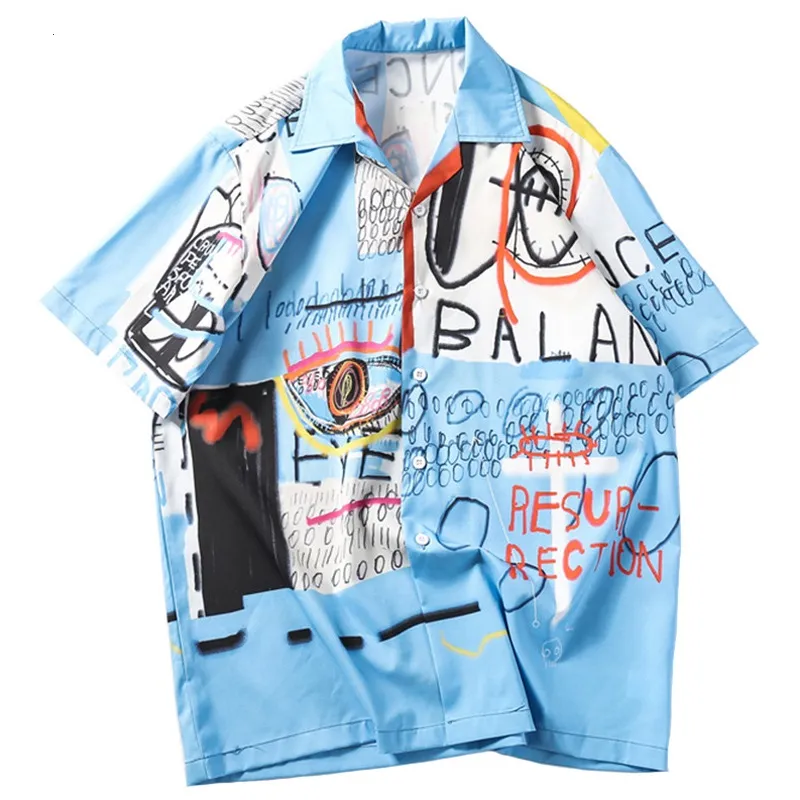 Mens Hip Hop Shirts Streetwear Hawaiian Shirt Graffiti Print Beach Summer Thin Tops Short Sleeve Male Clothing