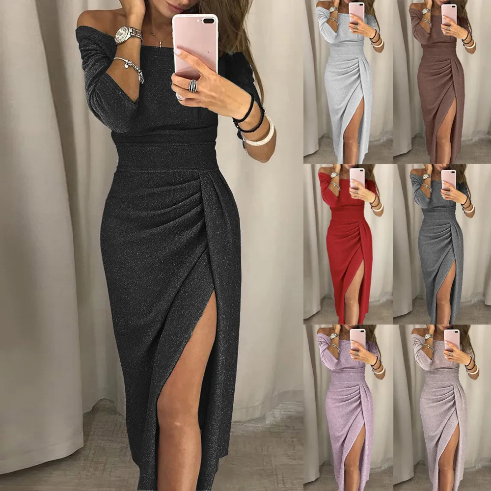 2019 heta reor Kvinnor Slida knälång Bohemian Solid Klänning Off Shoulder Hög slits Bodycon Klänning Långärmade Klänningar