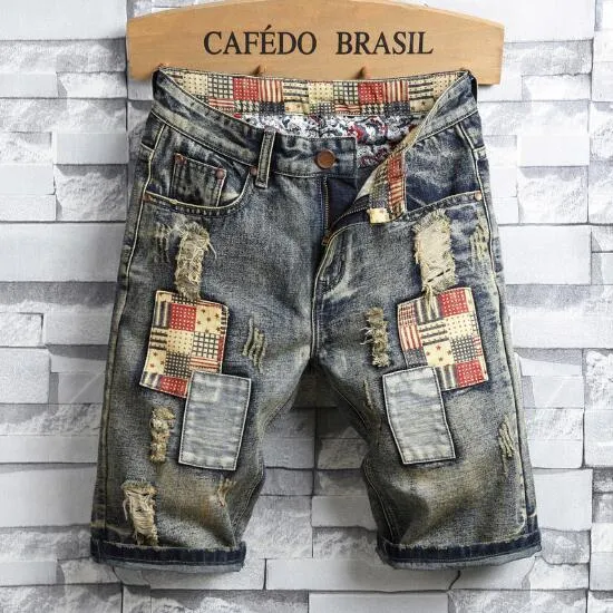 2019 New Summer Fashion Jeans Mens Personality Patch Retro Denim Shorts Pants Men's Designer Hole Shorts Mens Fashion Shorts