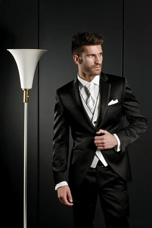 Fashion Black Satin Groom Tuxedos Notch Lapel Groomsmen Mens Wedding Dress Handsome Man Jacket Blazer 3 Piece Suit(Jacket+Pants+Vest+Tie)932