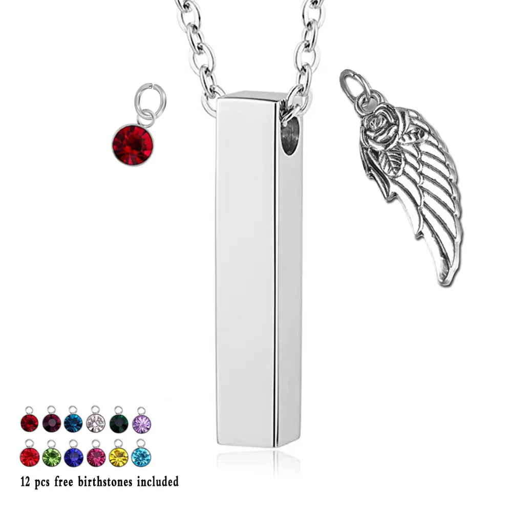 Angel Wing with 12 Piece Birthstone Pendant Charm Bar Cube Memorial Urn Necklace Cremation Ashes Jewelry Keepsake