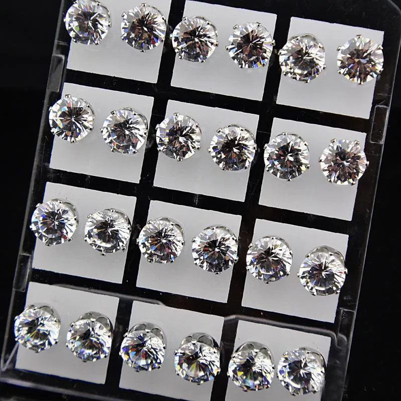 Försäljning 8mm Rensa Österrike Cubic Zirconia Rostfritt Stål Örhängen för Kvinnor Herr Partihandel Mode Smycken 12Pair / 24PCS