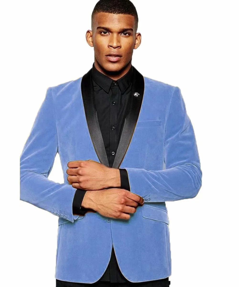 Brand New Sky Blue Velvet Groom Smokingi Czarny Szal Lapel Groomsman Wesele 2 szt. Moda Męska Prom Jacket Blazer (Kurtka + Spodnie + Krawat) 85