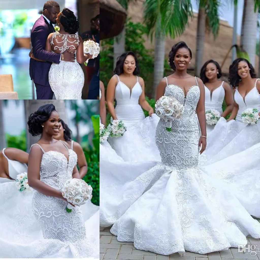 2019 Luxury African Lace Mermaid Wedding Dresses Spaghetti Straps Applique Beaded Sweep Train Wedding Dress Bridal Gowns Plus Size BC2025