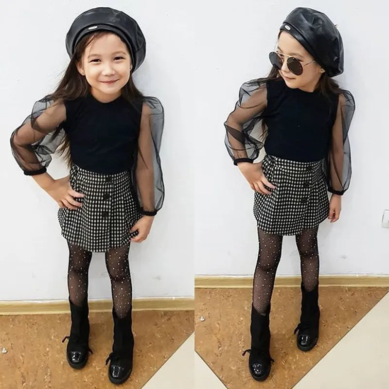 Abiti di moda per bambini bambini magliette a maniche lunghe in maglia nera + gonne scozzesi 2 pezzi/set 2020 set di abbigliamento per bambini primavera autunno M2124