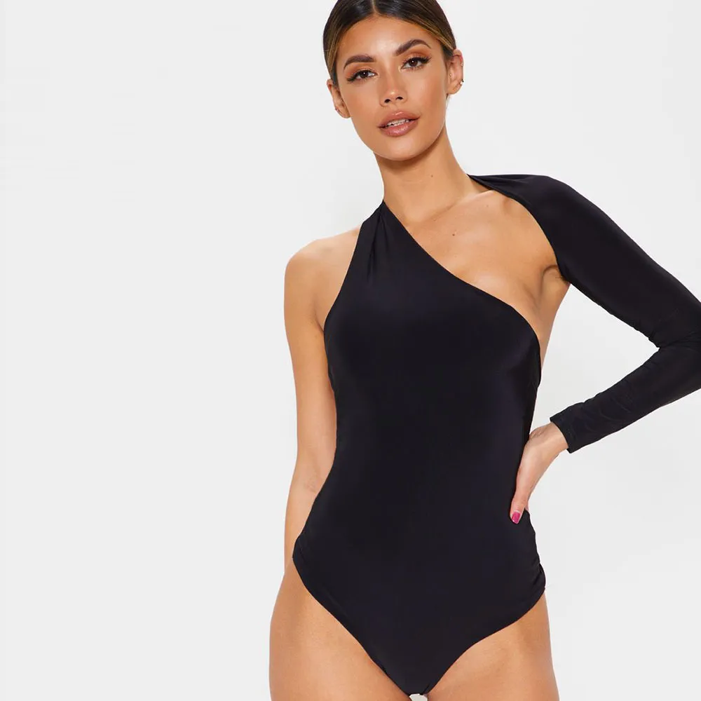 블랙 한 숄더베이스 바디 수트 리브 니트 우아한 여성 섹시한 가을 Bodysuits 2019 패션 긴 소매 마른 바디 수트