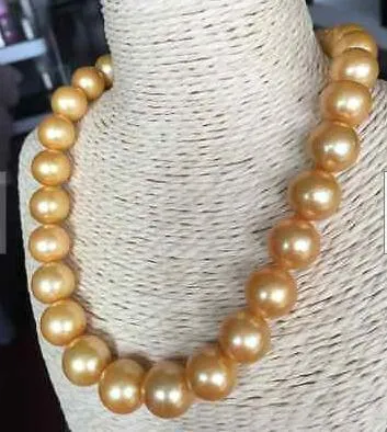 Nuovo raffinato Gorgeous13-15mm Round Sea South Sea Gold Pearl Collana perla 18inch14k