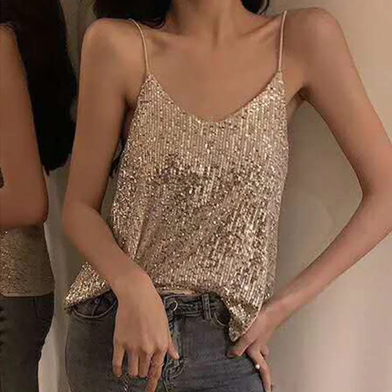 Kadın Sparkly Pullu V Boyun Parti Gömlek Tankları Camis Moda V Yaka Backless Kadınlar için XS- L Z01