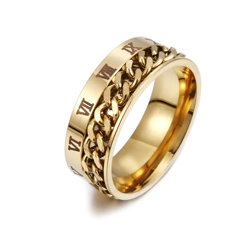 Mode Cool 316l Titan Edelstahl Römische Zahl Band Männer Ring Gold Vergoldet Rollkette Ringe Fingerringe für Männer Frauen