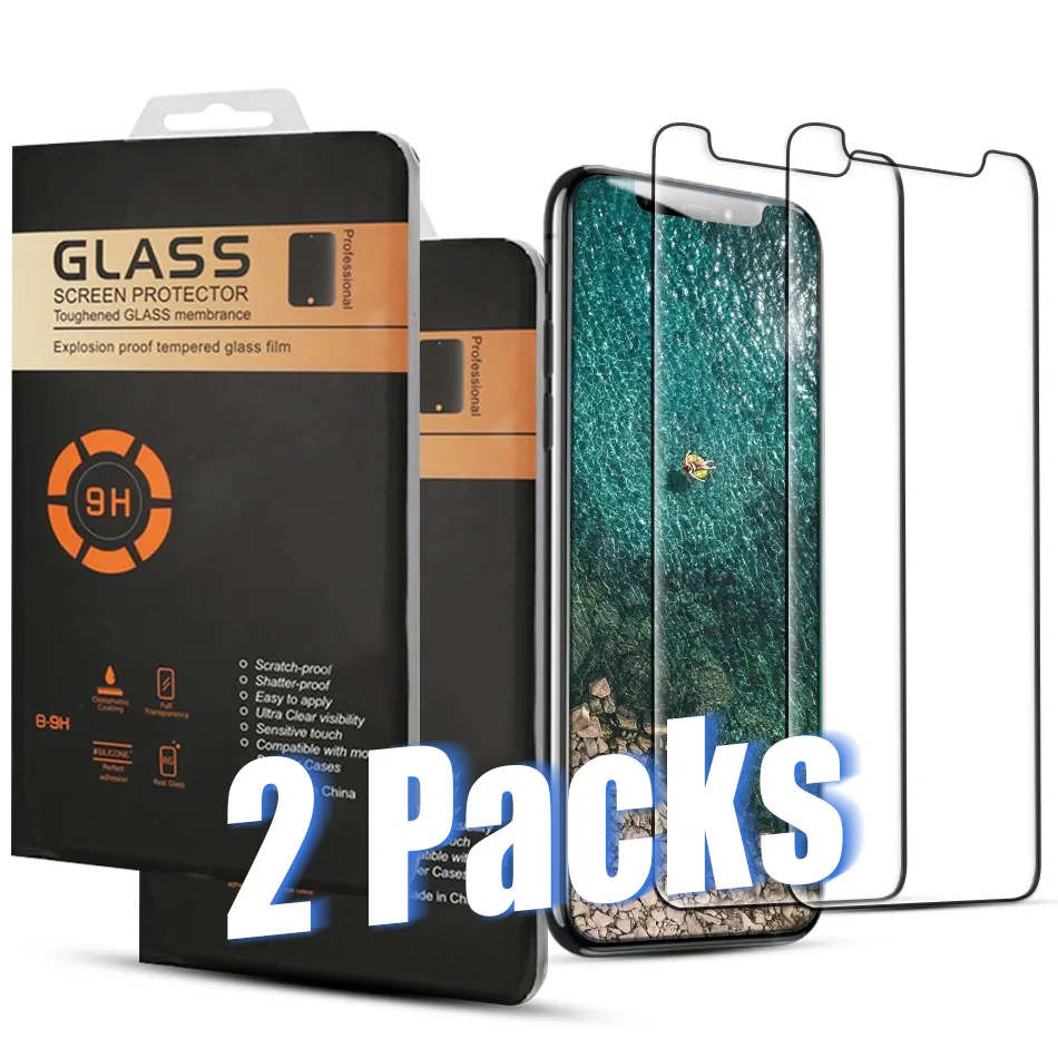 2 pacotes protetor de tela para iPhone 14 13 12 11 Pro máximo xr xs 8 7 Plus Samsung A13 A33 5G A70 Moto G7 LG Stylus5 2pcs Filme de vidro temperado com caixa de varejo