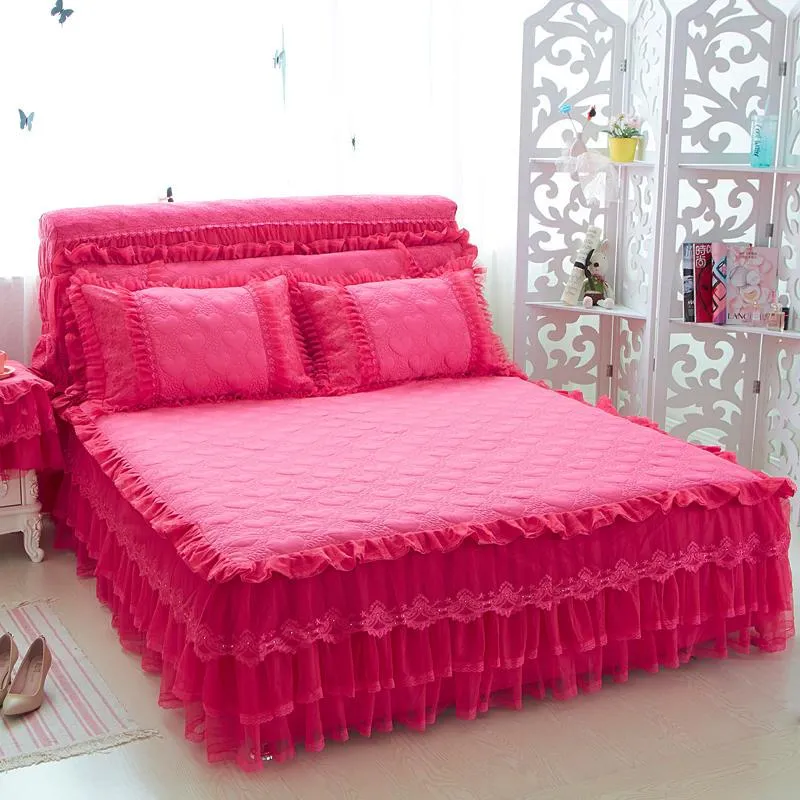 Katoenen kant meisjes prinses beddengoed sets blauw roze beige paarse bed rok set bed spreiding koning / queen / volledige dubbele maat kussenslopen