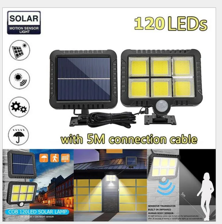 120 luces solares LED para exteriores, lámparas solares para jardín, Sensor de movimiento PIR, focos de luz de pared solares divididos, resistente al agua + cable de extensión de 5M