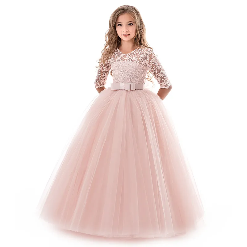 Langes Abendkleid Blumenmädchenkleider Teenager Hochzeit Kommunion Spitzenärmel Kinderkleidung 9 10 12 14 Jahre Geburtstag Outfits Y19061801