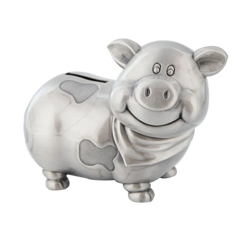 Schattige tinnende pewter Piggy Bank Money Saving Box Smiling Pig Dragen Sjalf Classic Metal Coin Pot Creative Birthday Gifts For Boys Girls