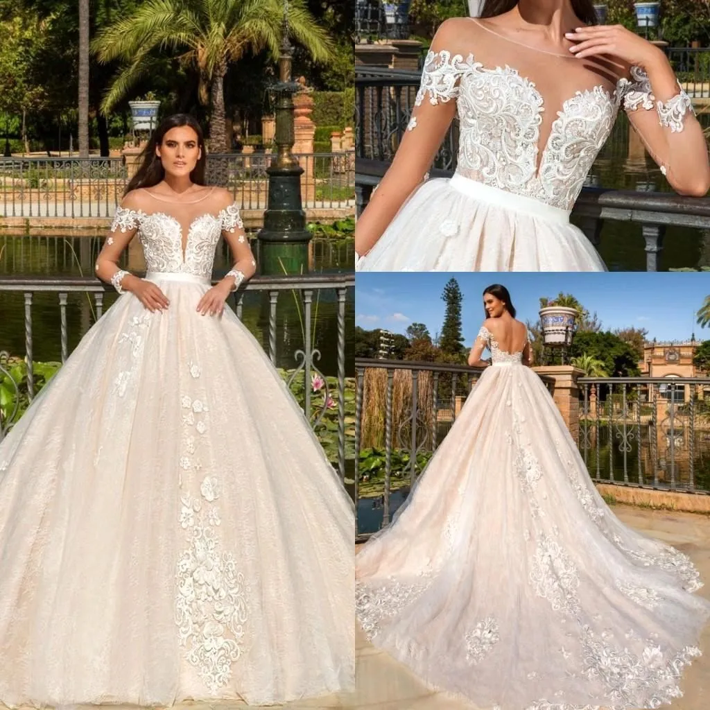 Elegant spets En linje Bröllopsklänningar 2020 Sheer Långärmade Tulle Appliques Sweep Train Beach Bröllop Bröllopklänningar Vestidos de Novia BC4116