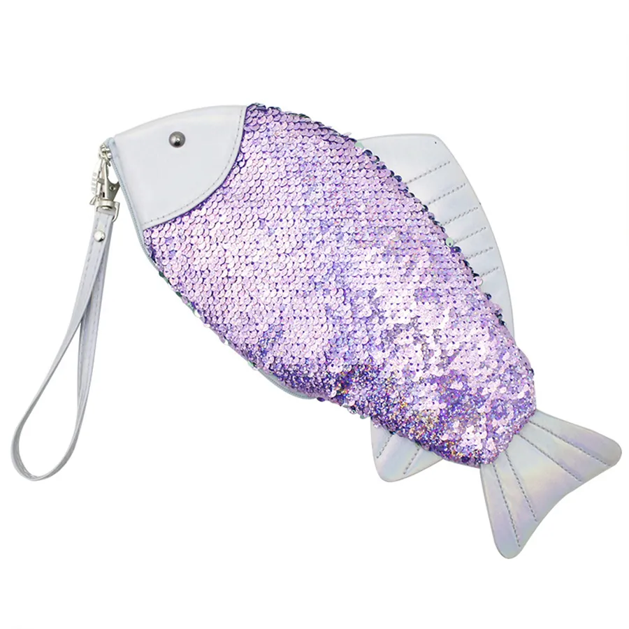 Mulheres em forma de peixe lantejoulas bolsa de embreagem menina lantejoulas moeda bolsa caneta lápis sacos sereia glitter bolsa carteira casos