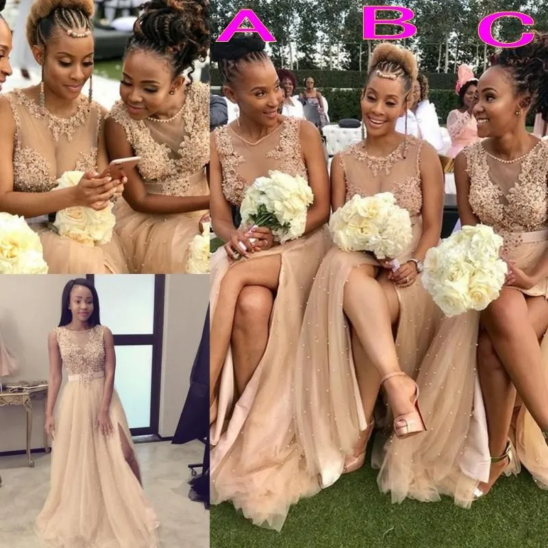 Stunning A-Line light gold bridesmaid dresses with Jewel Neckline, Lace Appliques, Sash, and Split Hem - Floor Length, Plus Size, Perfect for Maid of
