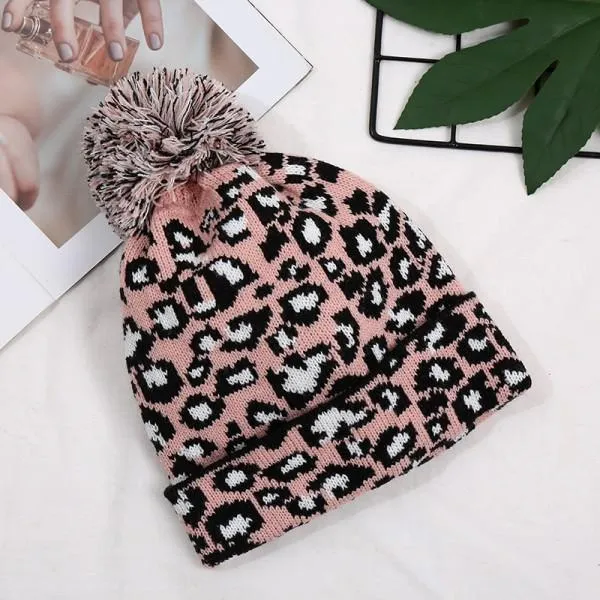 HOT Bobble Hat Leopard Print Knit Hat Leopard Print Knit Cap