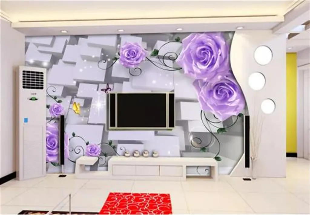 3d Floral Papier Peint Pour Les Murs Promorion 3D Dreamy Violet Rose Intérieur TV Fond Décoration Murale Papier Peint