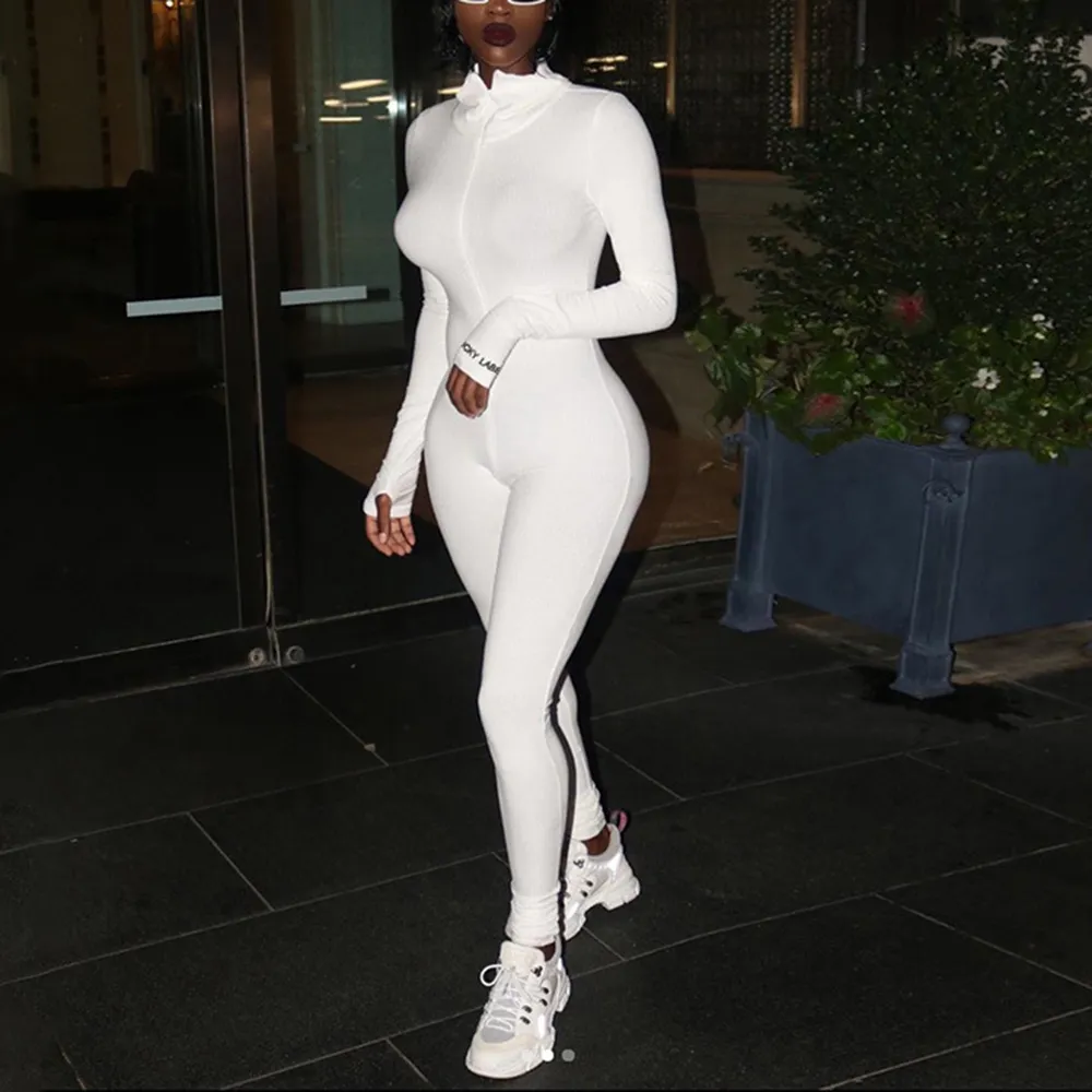 White Sexy Bodycon Jumpsuit Romper Black Long Sleeve Bodysuit Women Zipper Turtleneck Jumpsuits Elegant Full Length Polyester