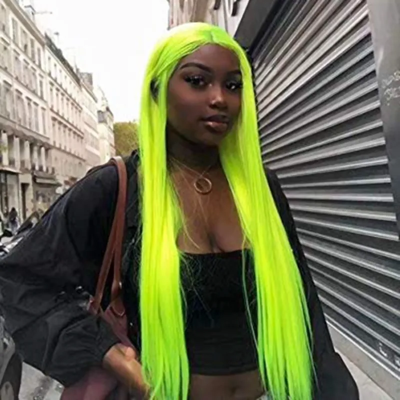 Fluorescent Green Lace Front Wig Lime Green Straight 13x6 Lace Frontal Wig PrePlucked  main image 3